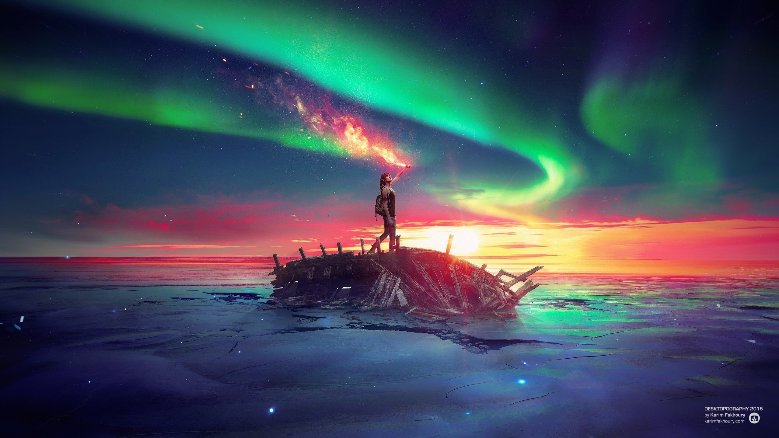 Figura su relitto sotto aurora, 2560x1440 2K, PC Desktop
