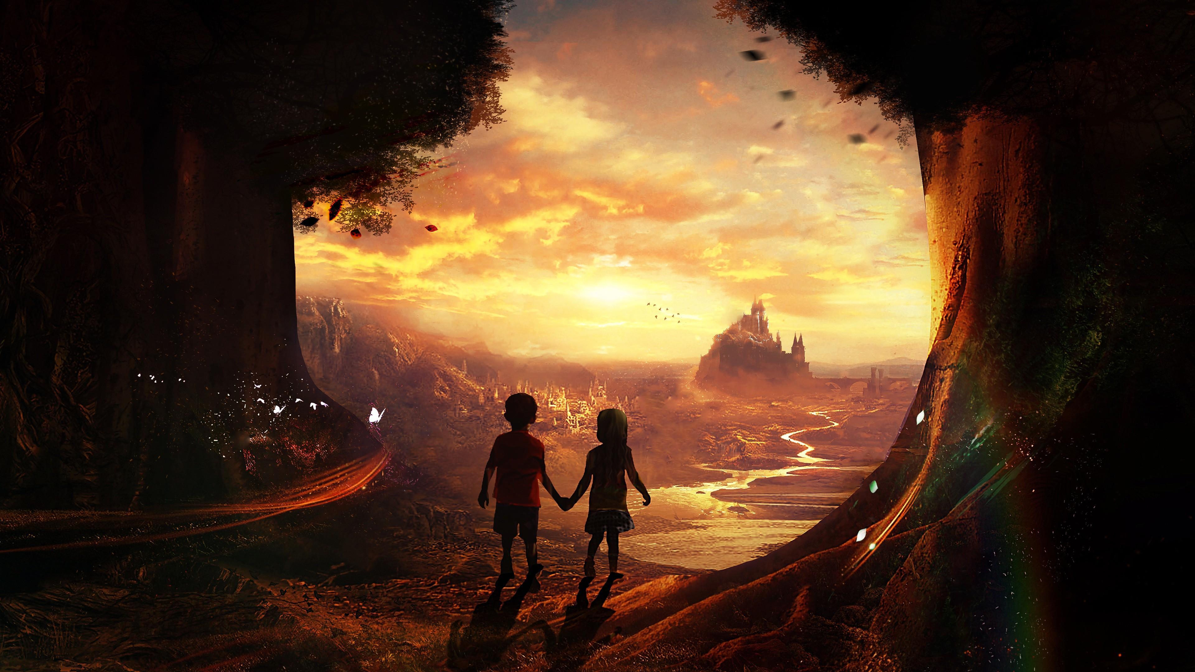Bambini silhouette al tramonto fantasy, 3840x2160 Ultra HD, 4K TV