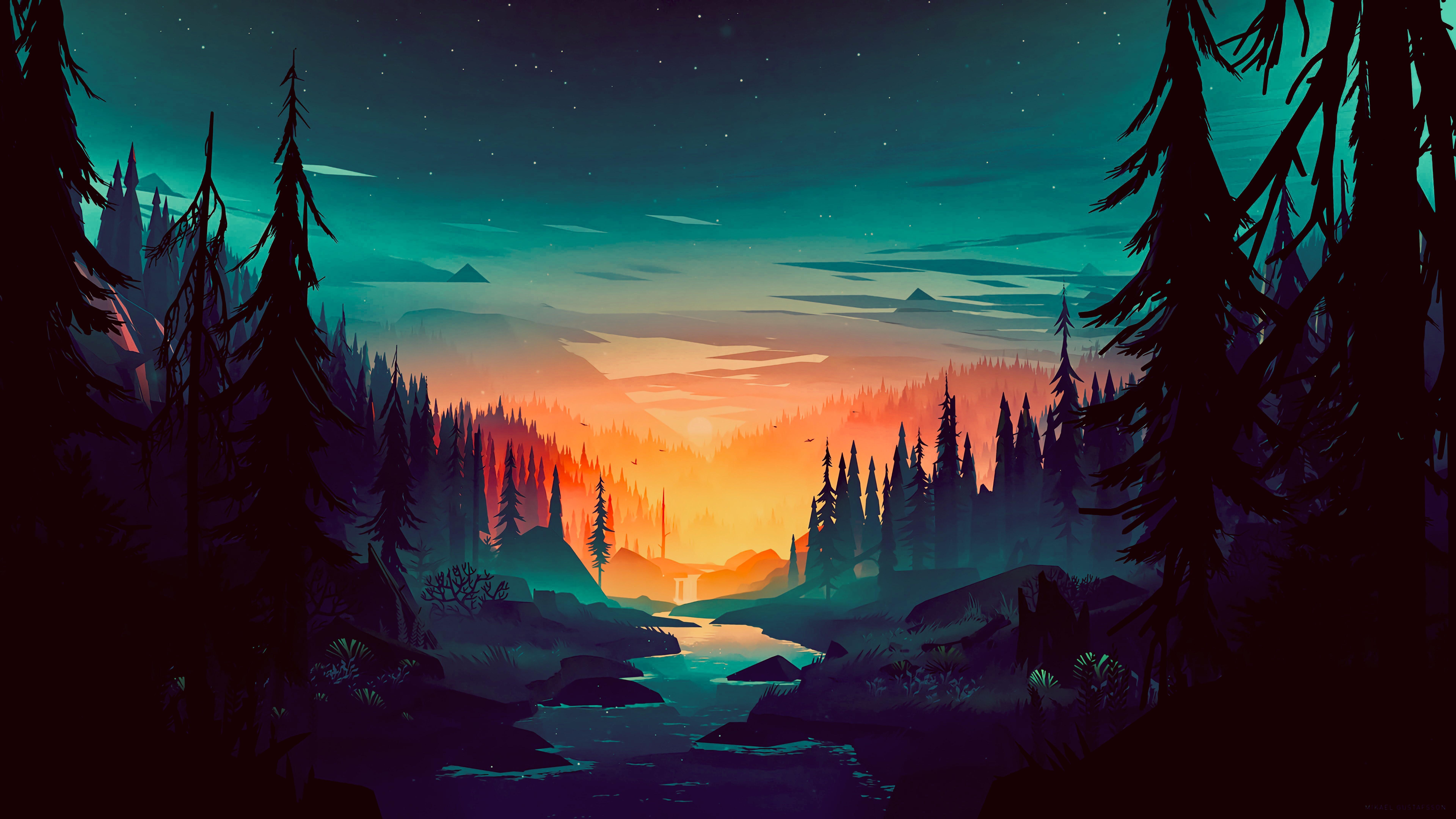 Foresta al tramonto, fiume, 7680x4320 Ultra HD, 4K TV