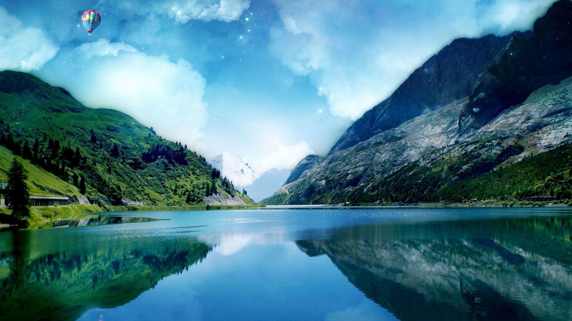 Lago montano con mongolfiera, 1920x1080 Full HD 1080p, Desktop