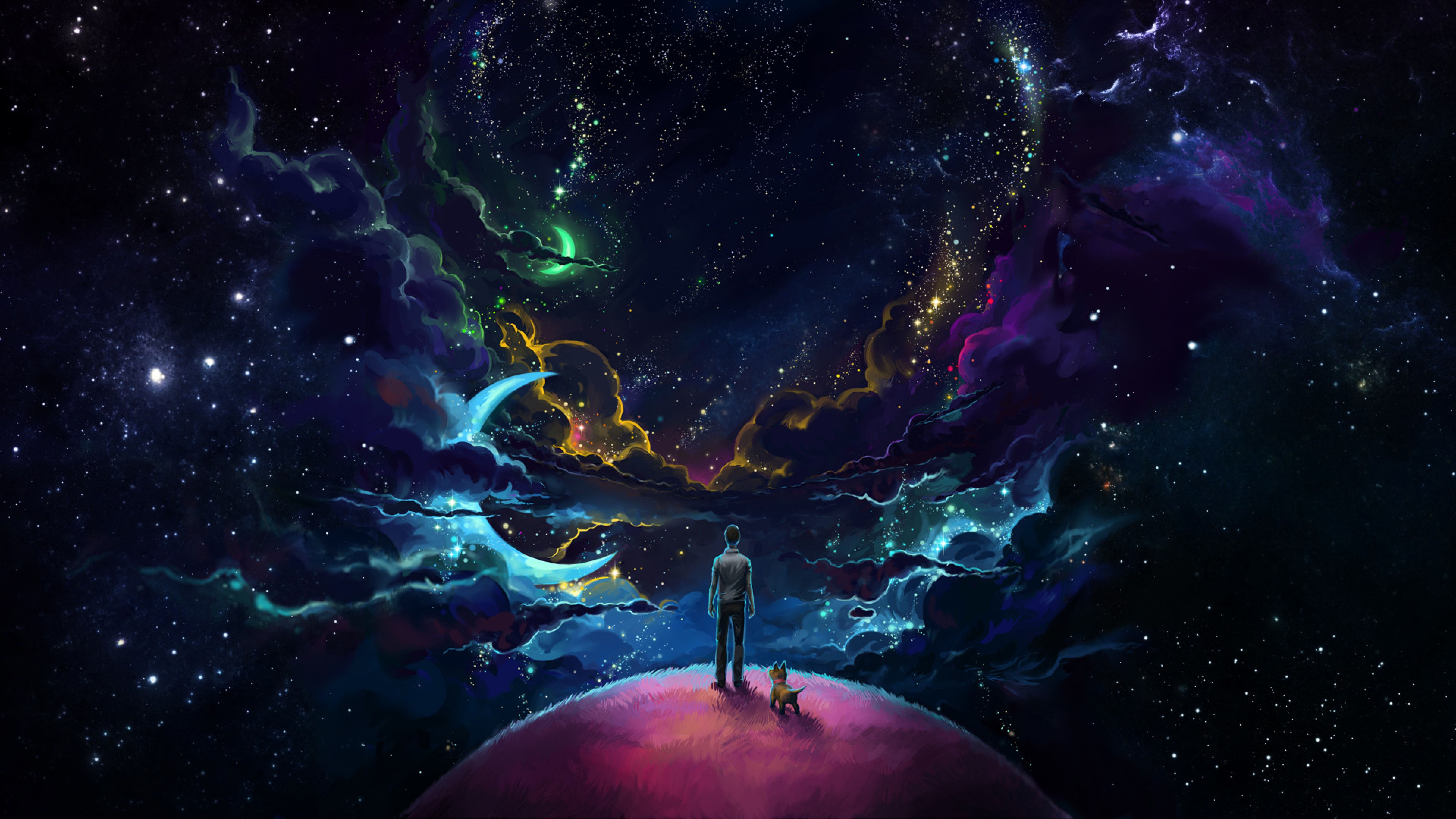 Persona e cane su pianeta, nebulosa, 7680x4320 4K Ultra HD, Monitor 4K