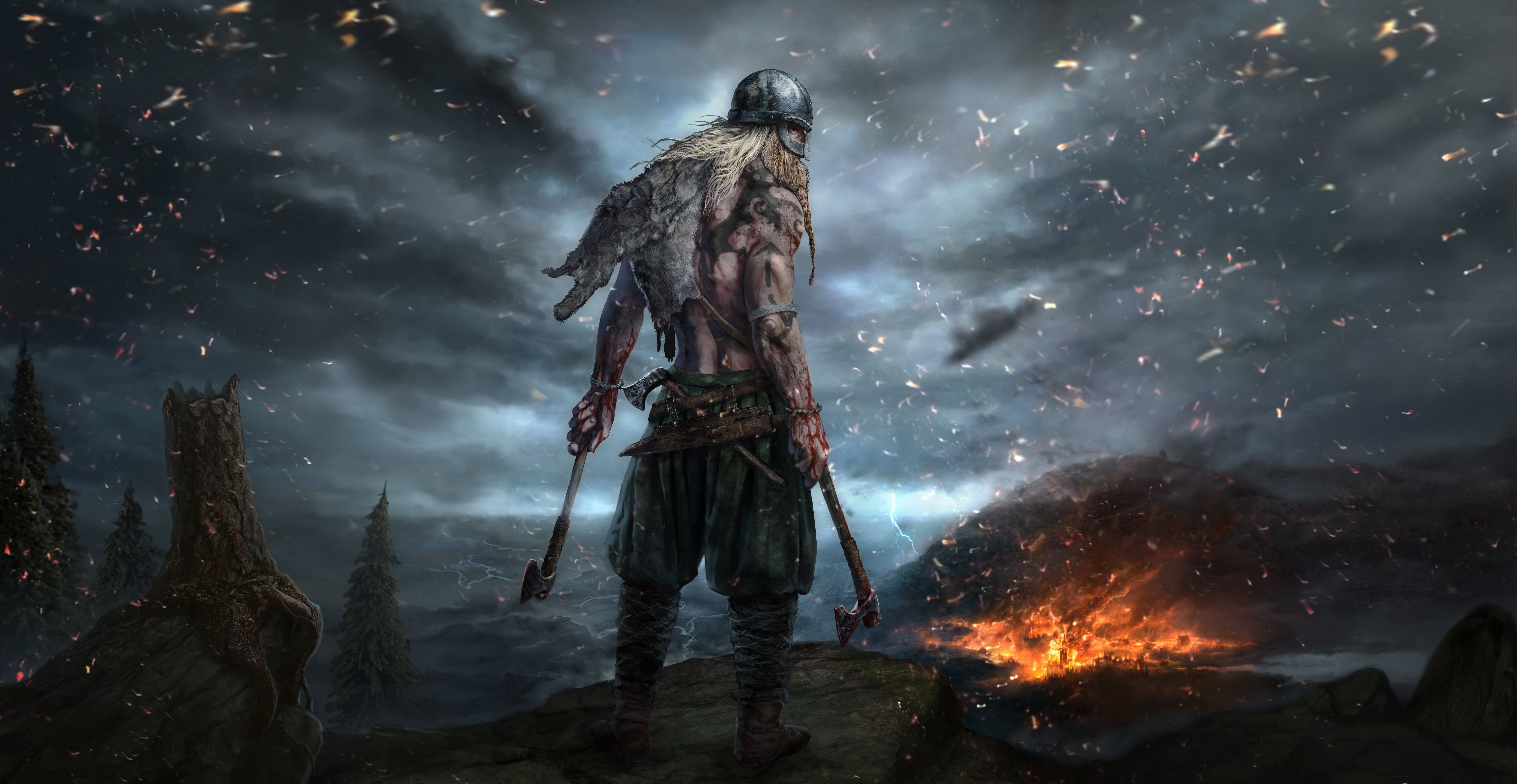 Guerriero vichingo con corvo notte, 7680x3971 4K Ultra HD, Monitor 4K