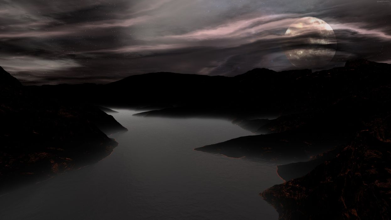 Fiume scuro tra colline notturne, 1245x700 HD, PC