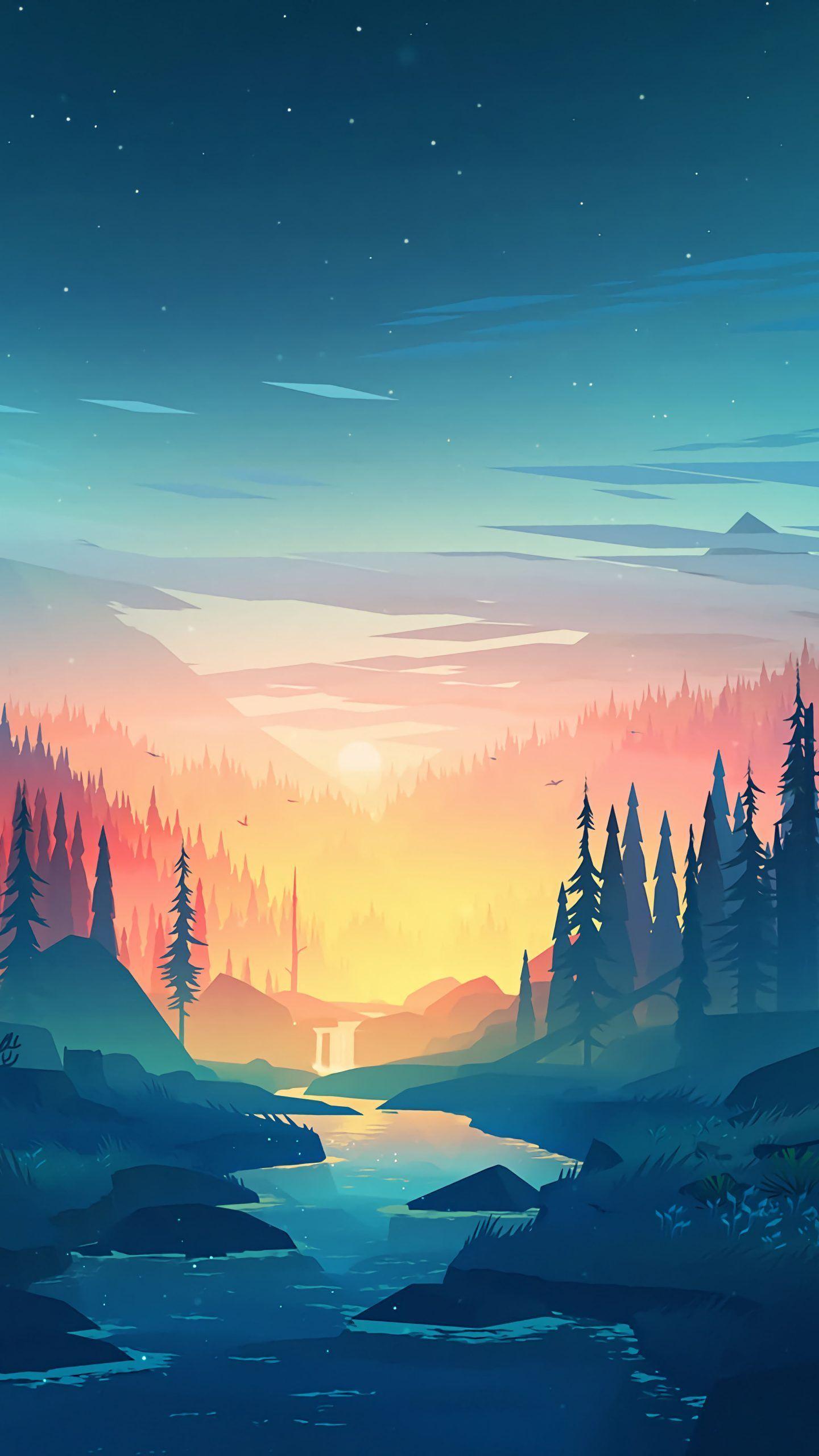 Tramonto foresta fiume illustrazione, 1440x2560 Verticale, Telefono