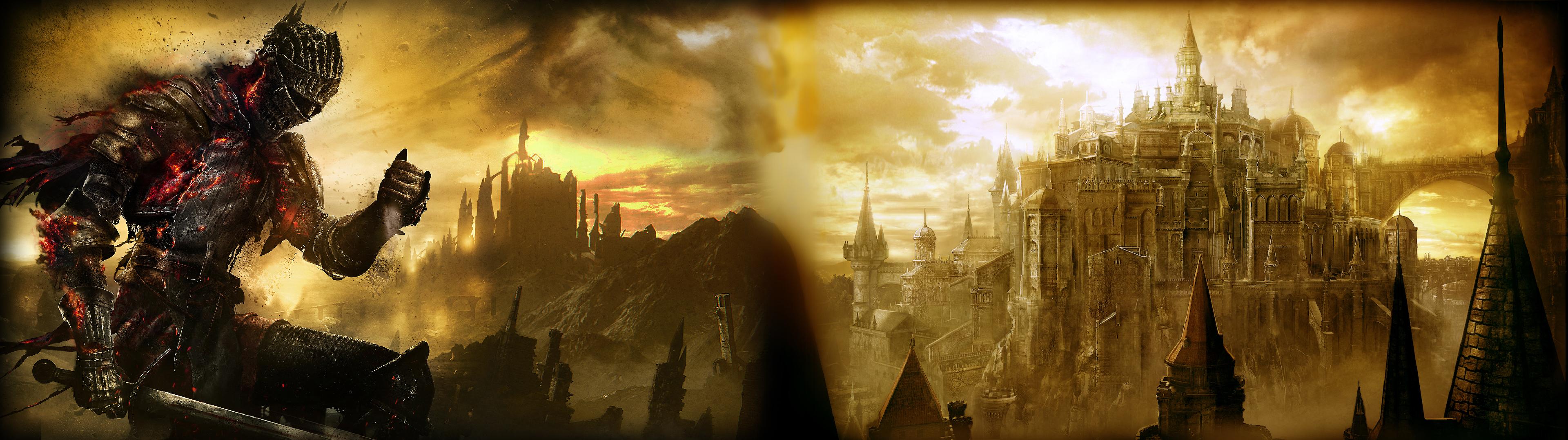 Dark Souls 3 cavaliere e castello, 3840x1080 Panoramico, Dual Screen
