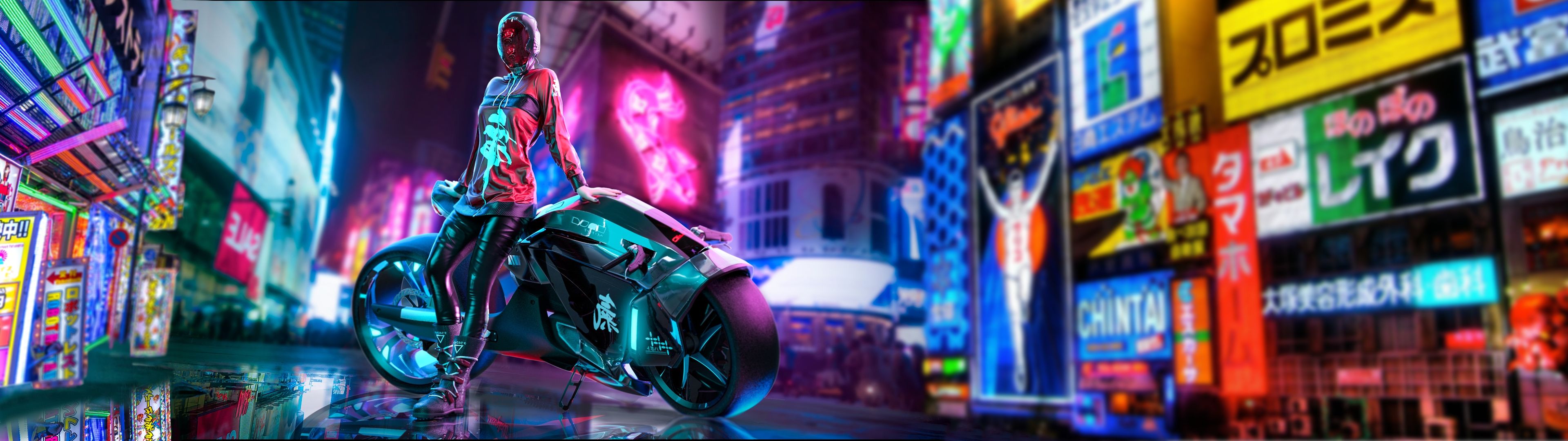 Motociclista cyberpunk città neon, 3840x1080 Ultrawide, Dual Monitor