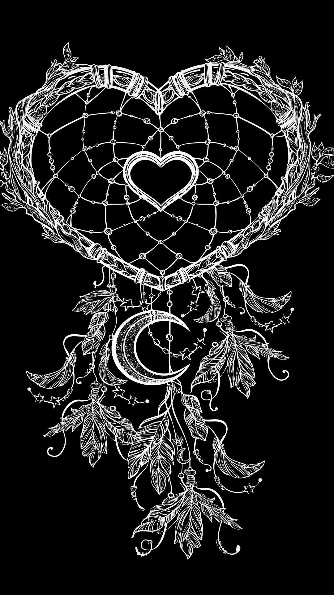 Acchiappasogni cuore nero bianco, 1080x1920 Verticale, Mobile