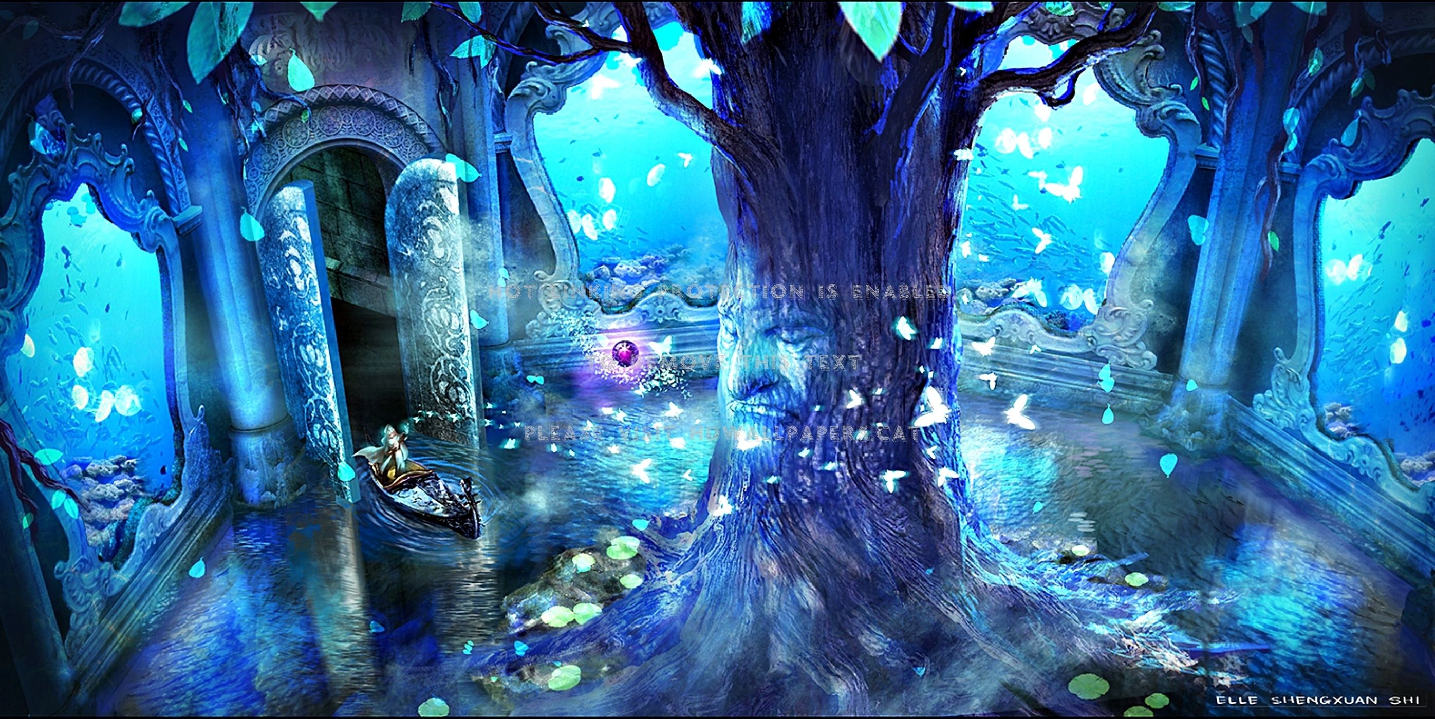 Albero fantasy blu acquatico, 2793x1400 2K, Monitor Gaming