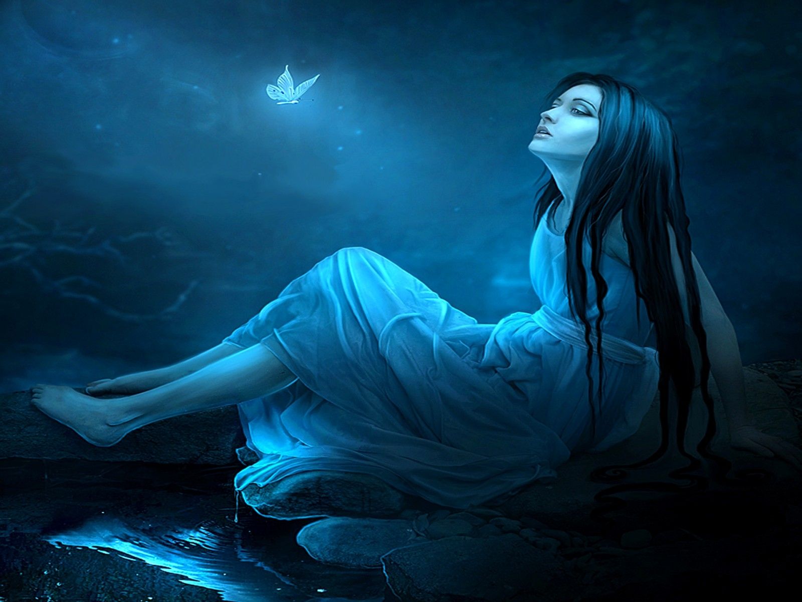 Donna sull'acqua con farfalla, 1600x1200 900p, Desktop