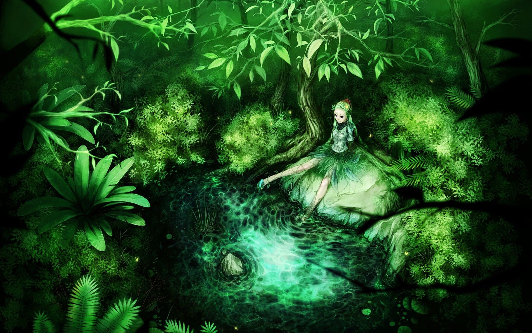 Ragazza seduta vicino stagno verde, 1824x1140 900p, PC