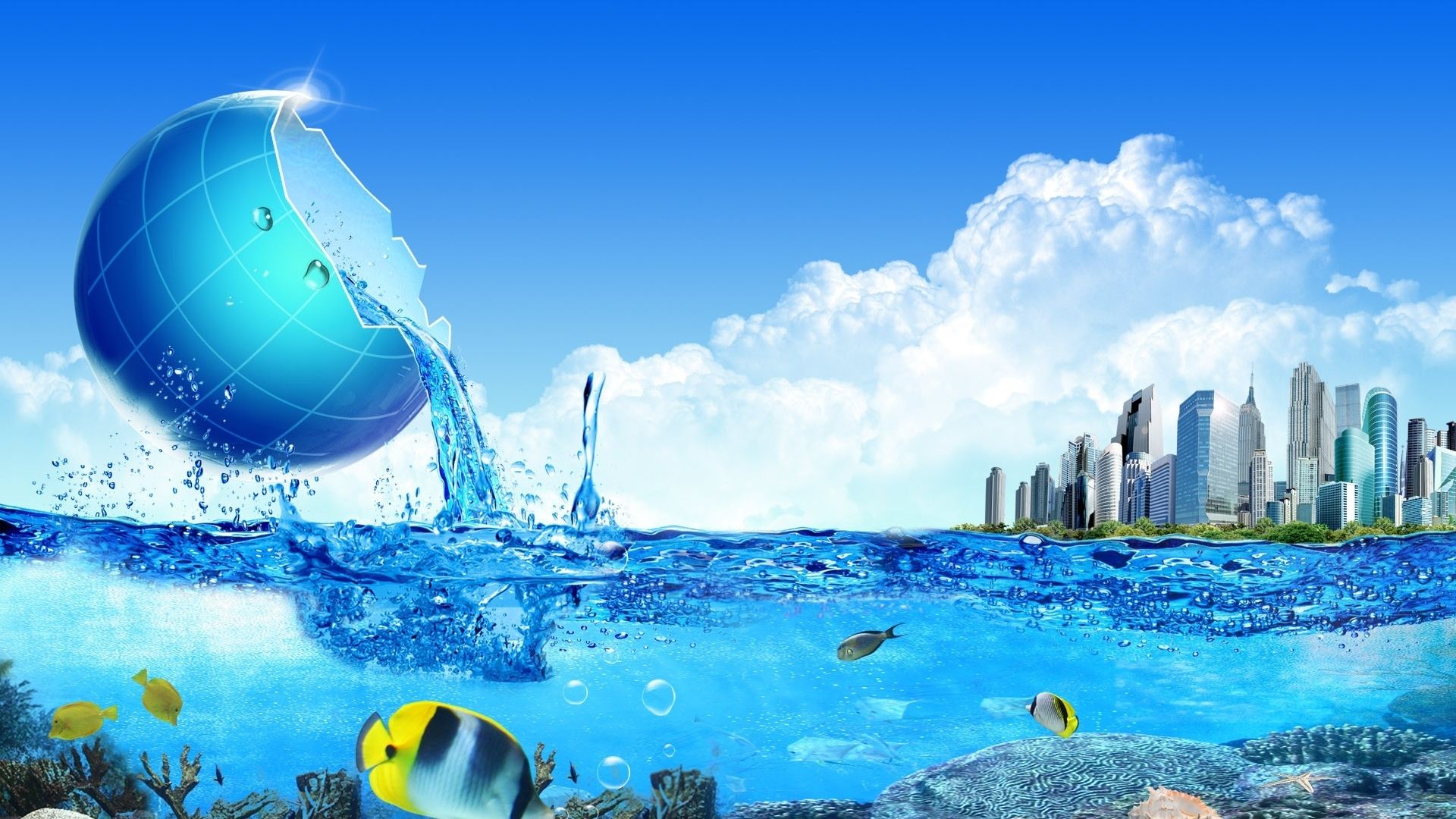 Globo acqua città oceano, 1920x1080 1080p, Laptop
