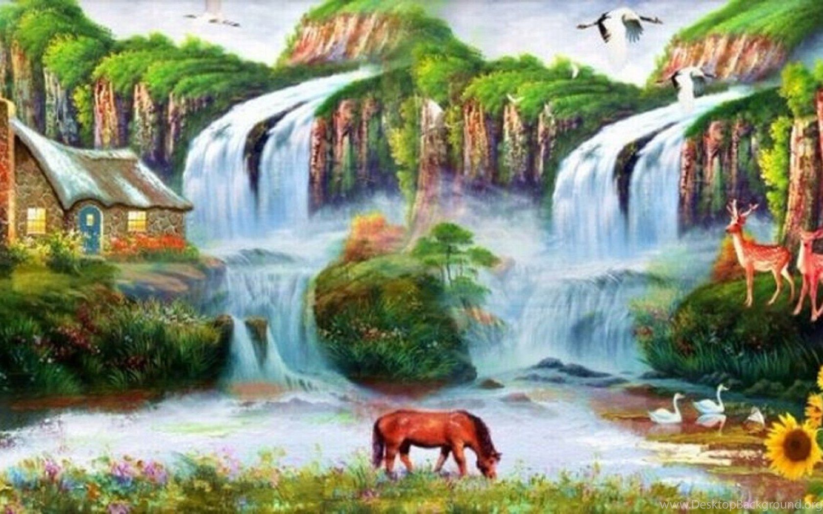 Cascate cottage animali natura dipinto, 1680x1050 HD, Laptop