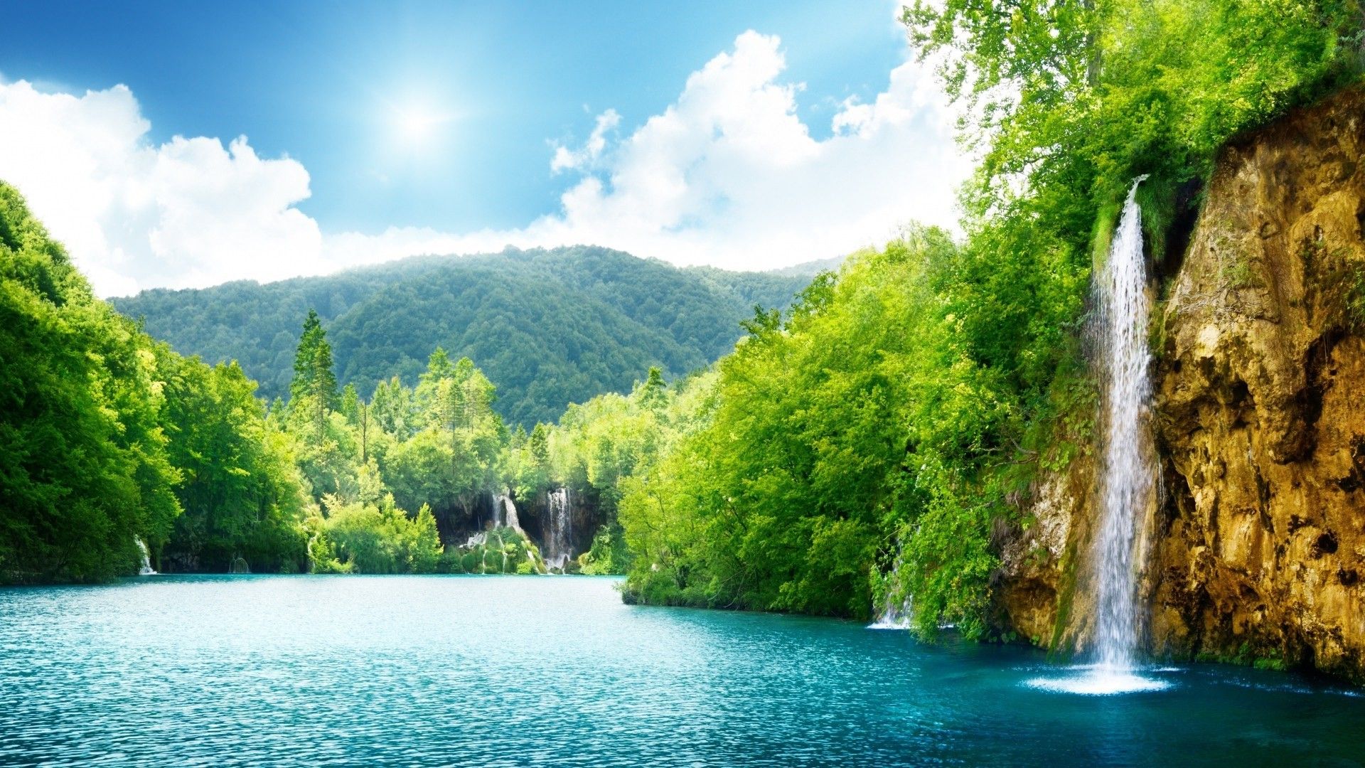 Cascata lago verde blu, 1920x1080 1080p, Desktop