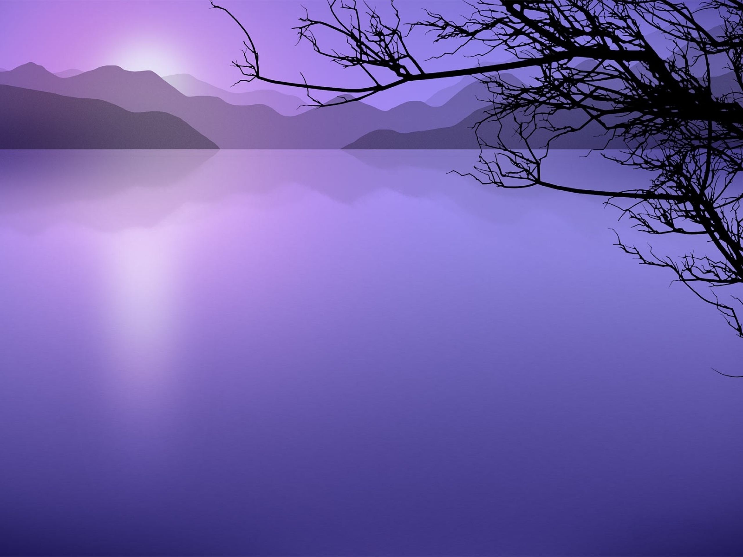 Lago viola con montagne e rami, 2560x1920 2K+, Desktop