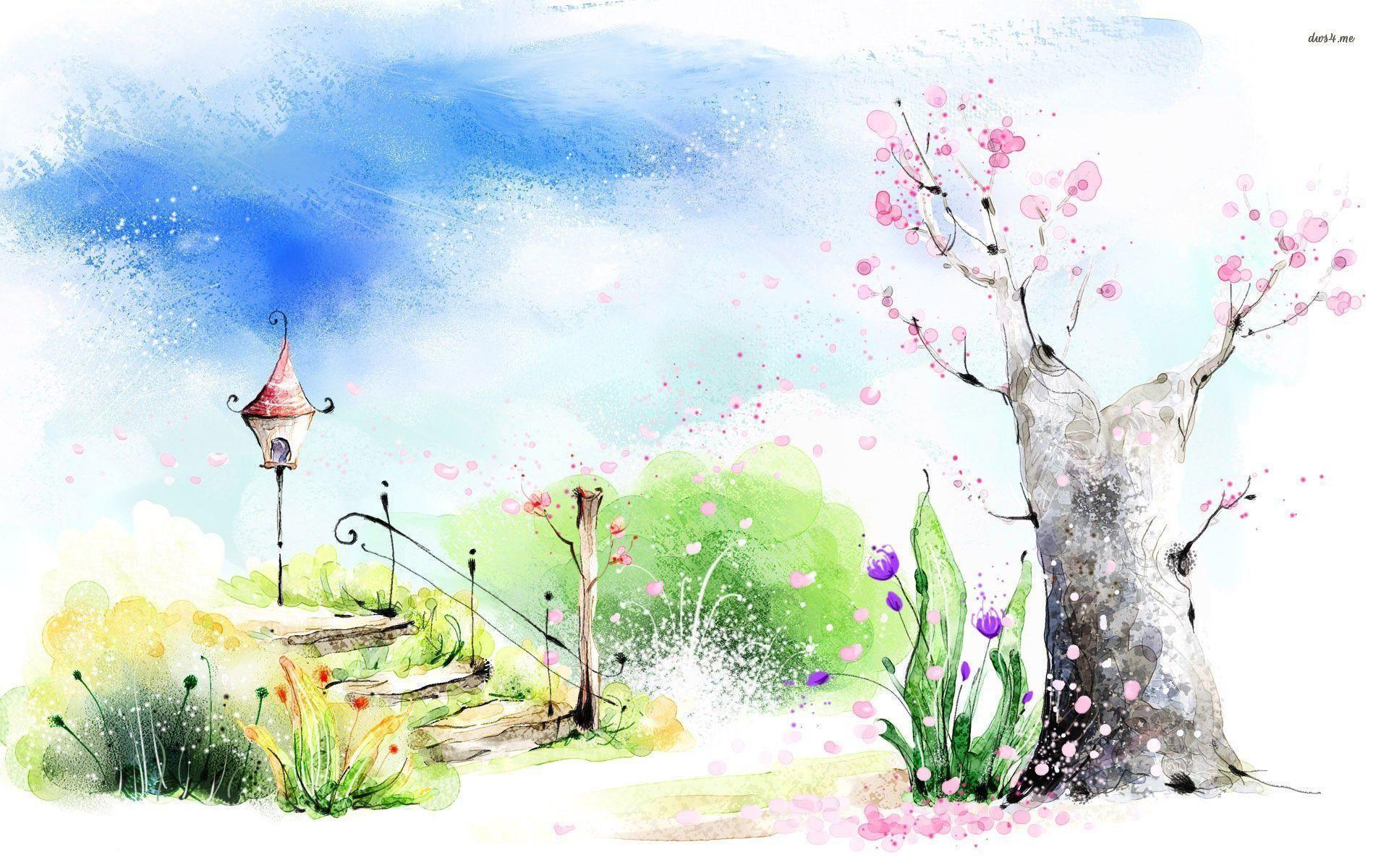 Paesaggio acquerello con albero fiorito, 1920x1200 Full HD+, PC Desktop