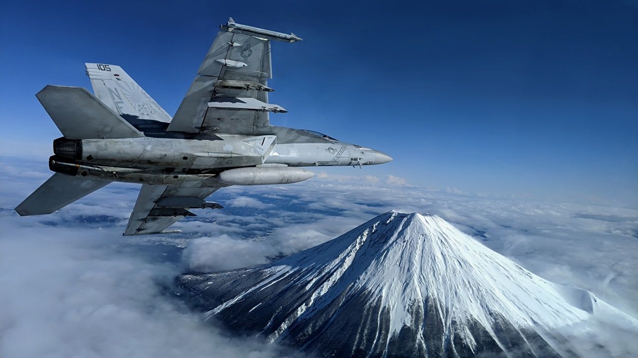 F/A-18 Super Hornet sopra Fuji, 1280x720 HD, Desktop