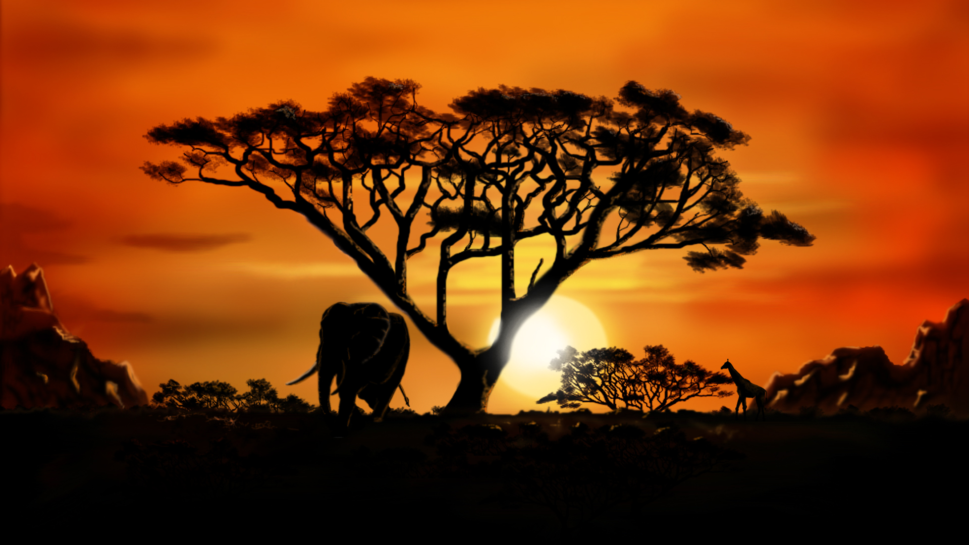 Savana africana tramonto elefante, 1920x1080 Full HD, PC