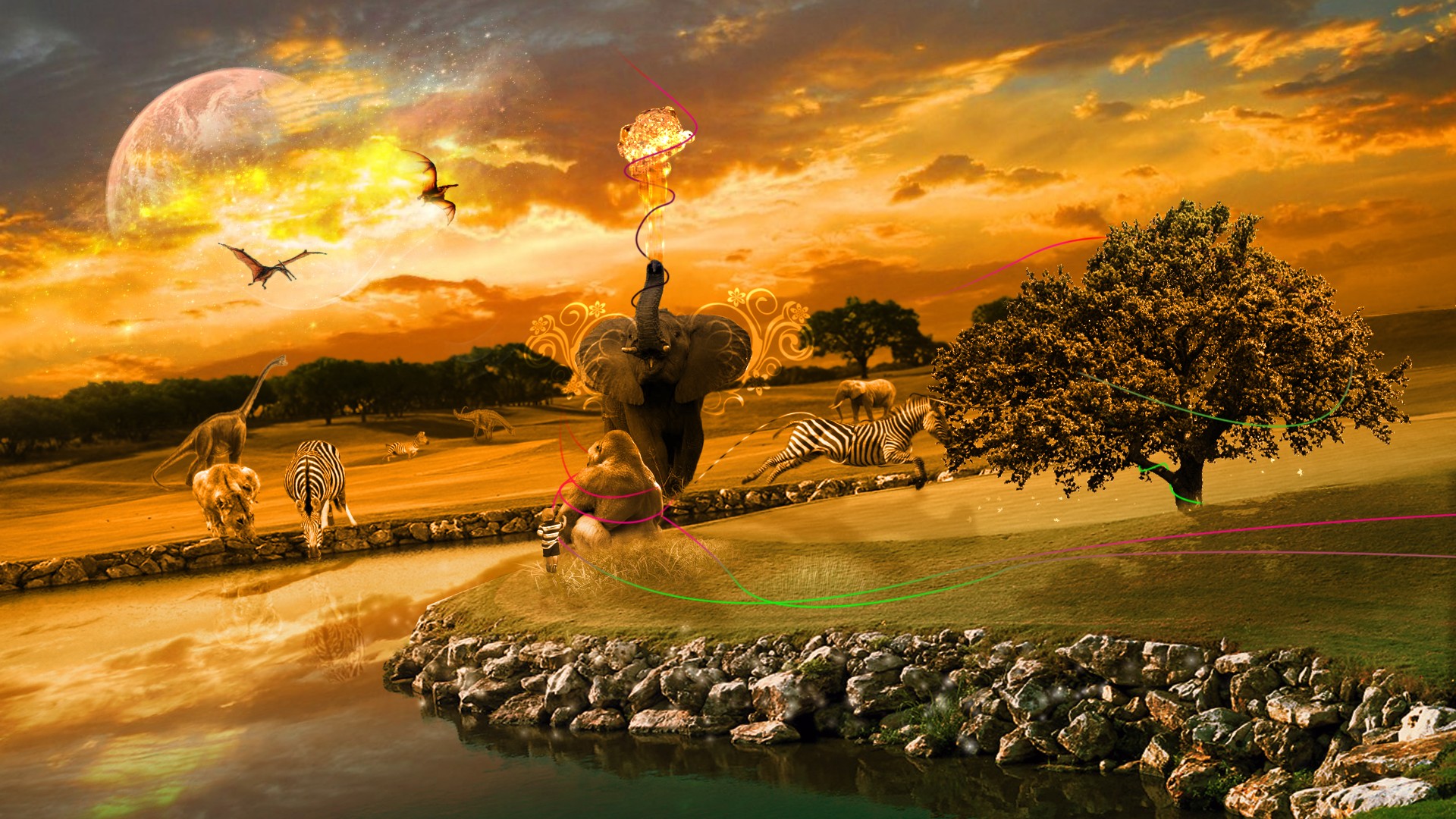 Savana africana con animali fantasy, 1920x1080 Full HD 1080p, PC