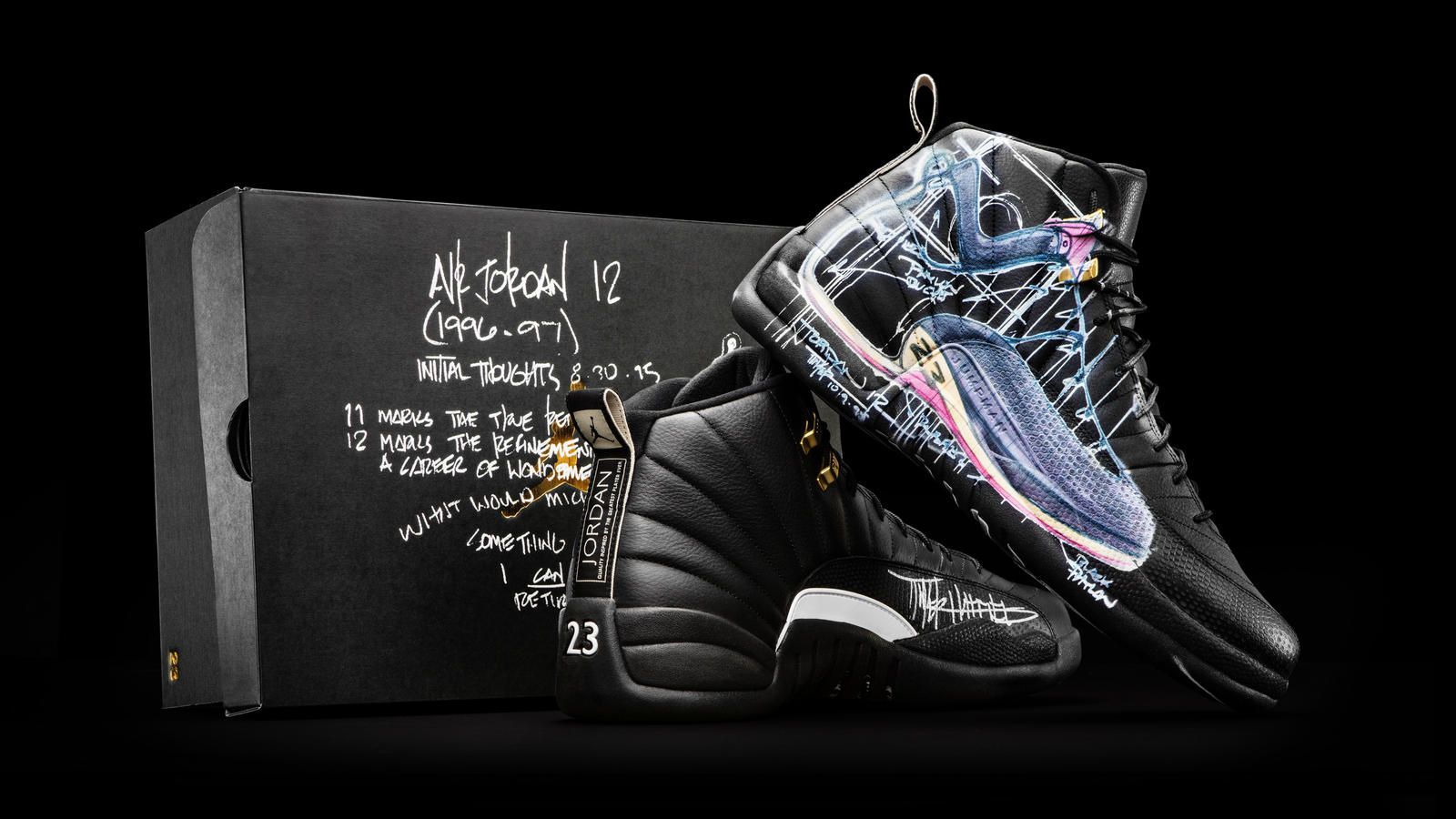 Air Jordan 12 nere con scatola, sneaker, 1600x900 HD, Desktop