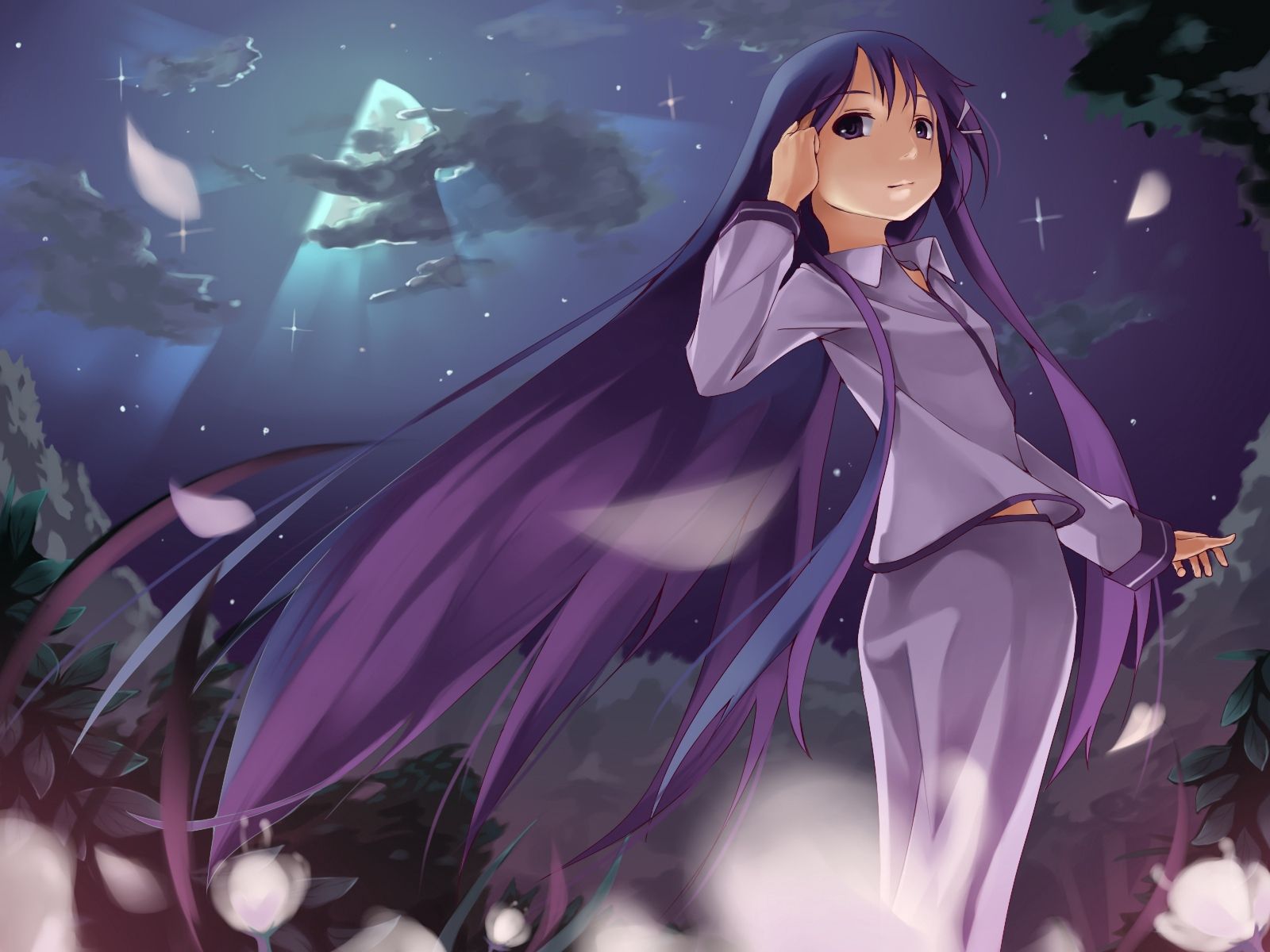 Ragazza anime capelli viola notte, 1600x1200 HD, Laptop