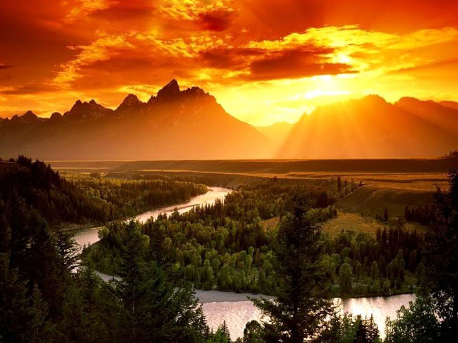 Alba montagne fiume arancione, 1600x1200 HD Ready, Desktop