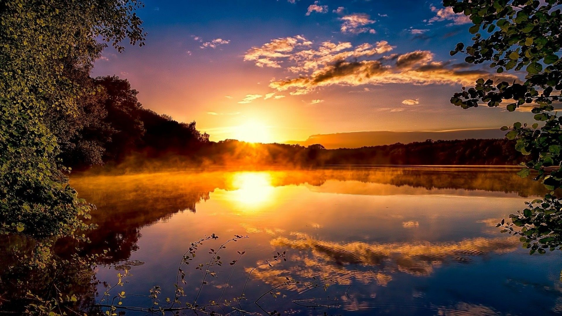Alba sul lago con nebbia, 1920x1080 Full HD, PC