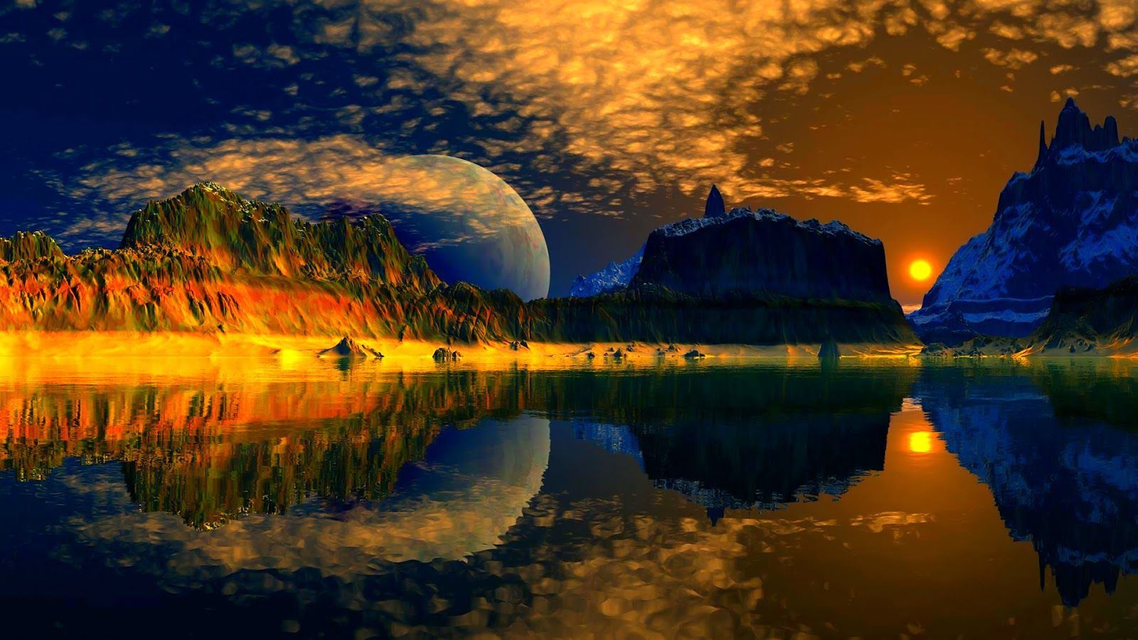 Alba fantasy su lago montano, 1600x900 HD Ready, Desktop