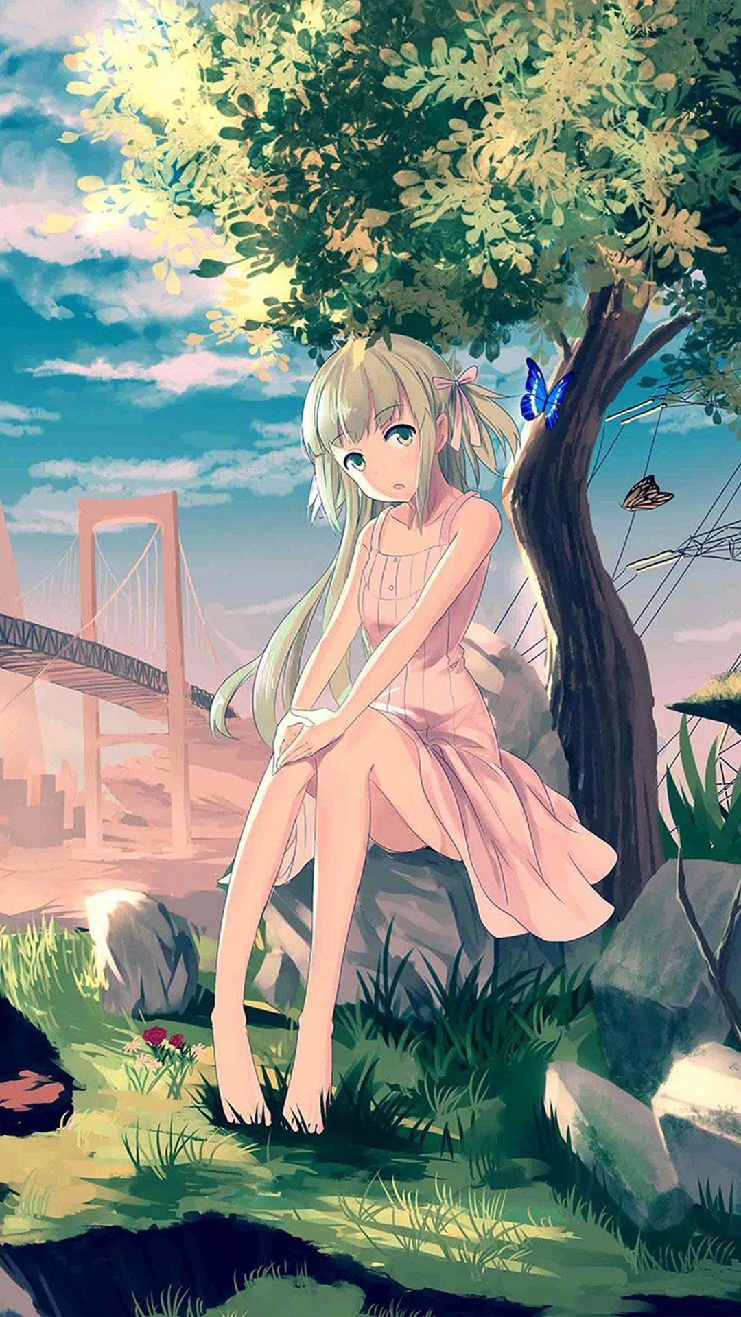 Ragazza anime seduta rocce, 1080x1920 Full HD Verticale, iPhone