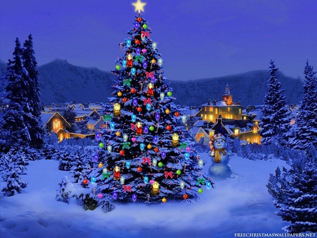 Albero di Natale illuminato, villaggio innevato, 1024x768 HD, Laptop