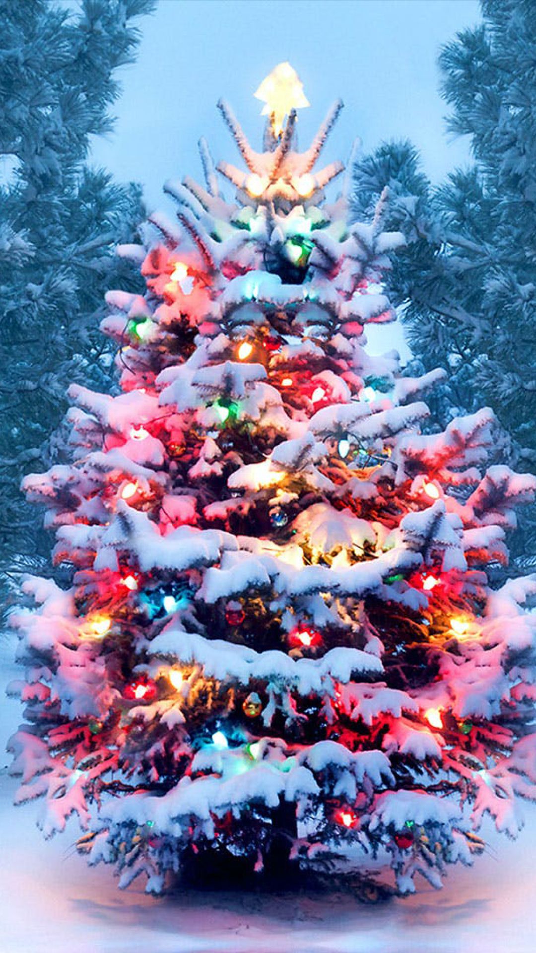 Albero di Natale innevato luci colorate, 1080x1920 Full HD Verticale, Samsung Galaxy