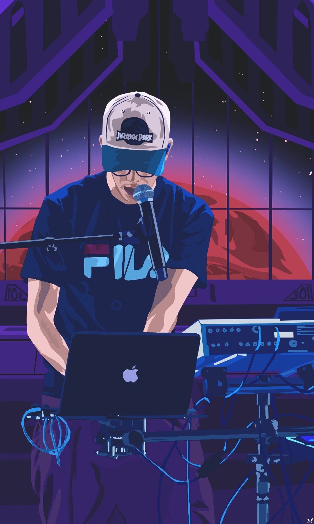 DJ produttore con laptop notturno, 1229x2048 Verticale, Mobile