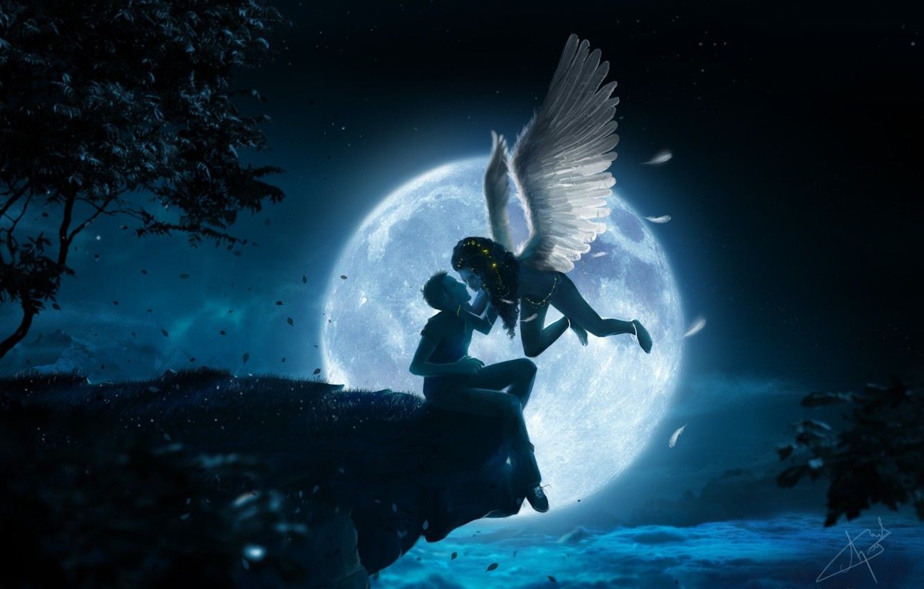 Angelo alato con luna piena, 1332x850 HD, Desktop