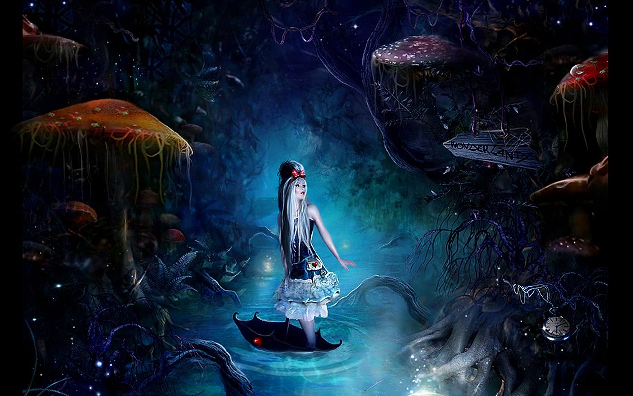 ragazza abito bianco foresta blu funghi, 1280x801 HD, Desktop