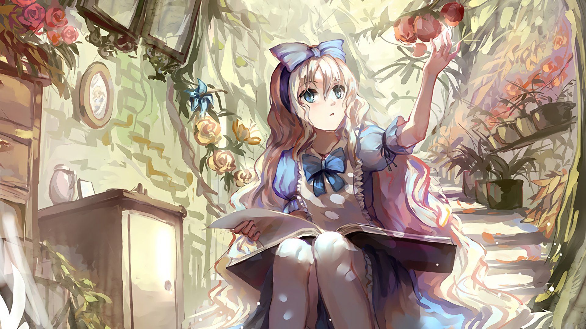 ragazza anime abito blu fiori mela, 1920x1080 Full HD, Desktop
