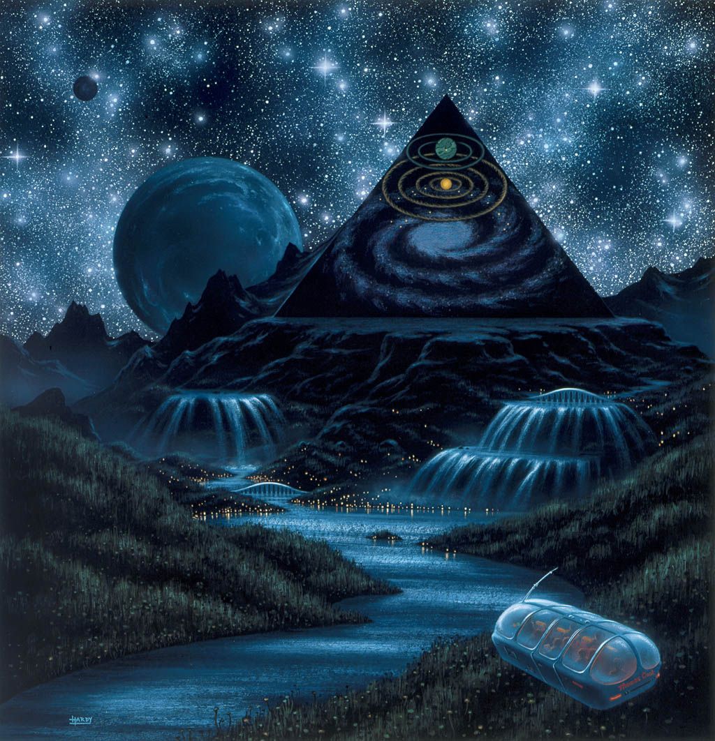 Piramide occhio cosmico notturna blu, 1024x1062 Verticale, Telefono