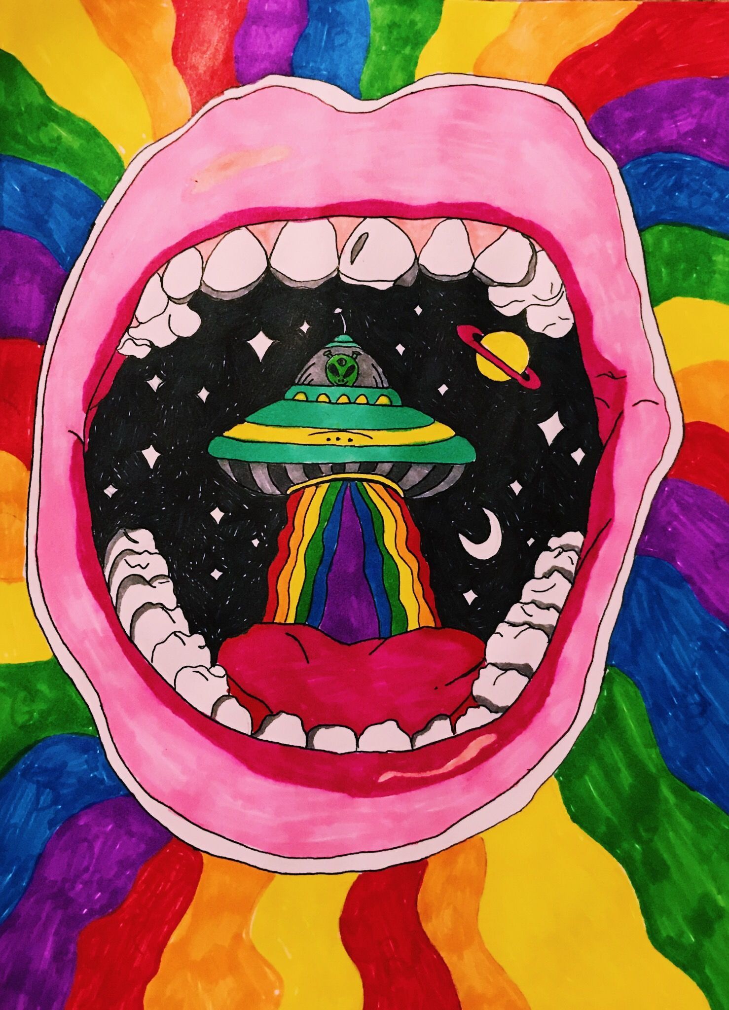 Bocca psichedelica con UFO arcobaleno, 1478x2048 Full HD Verticale, Smartphone