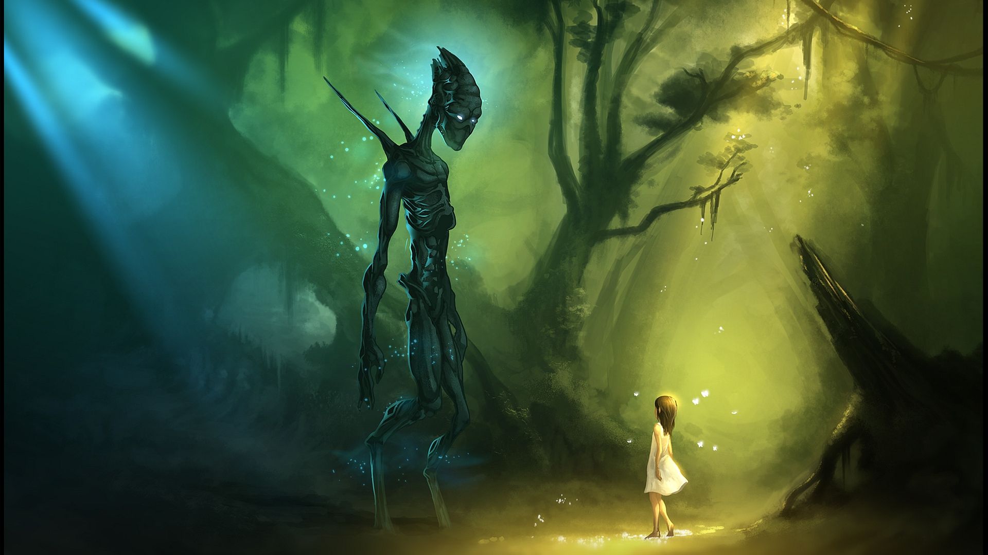 Alieno alto nella foresta con bambina, 1920x1080 Full HD, PC Desktop