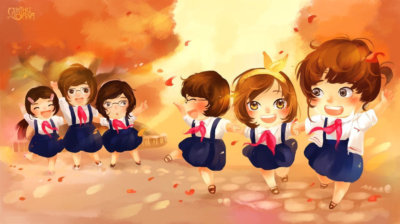 Anime chibi amiche scolare autunno, 1280x717 HD, Desktop