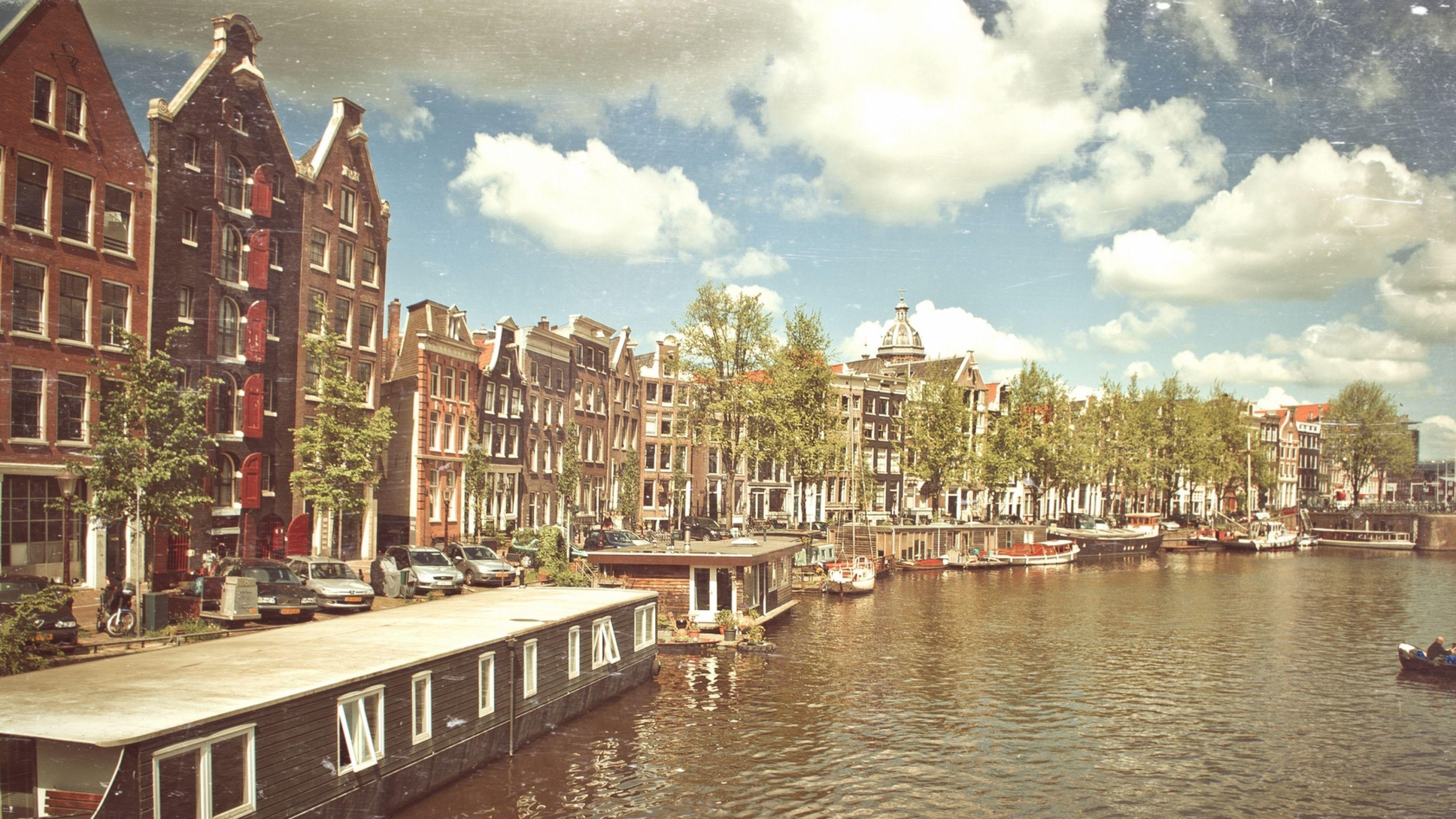 Canale di Amsterdam con casette, 3840x2160 Ultra HD, PC