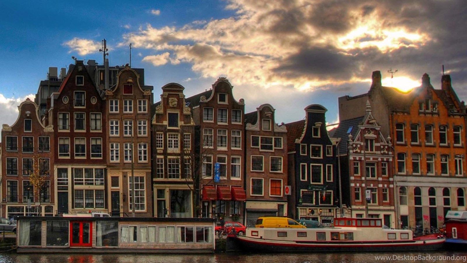 Case canale Amsterdam tramonto, 1600x900 HD Ready, Desktop