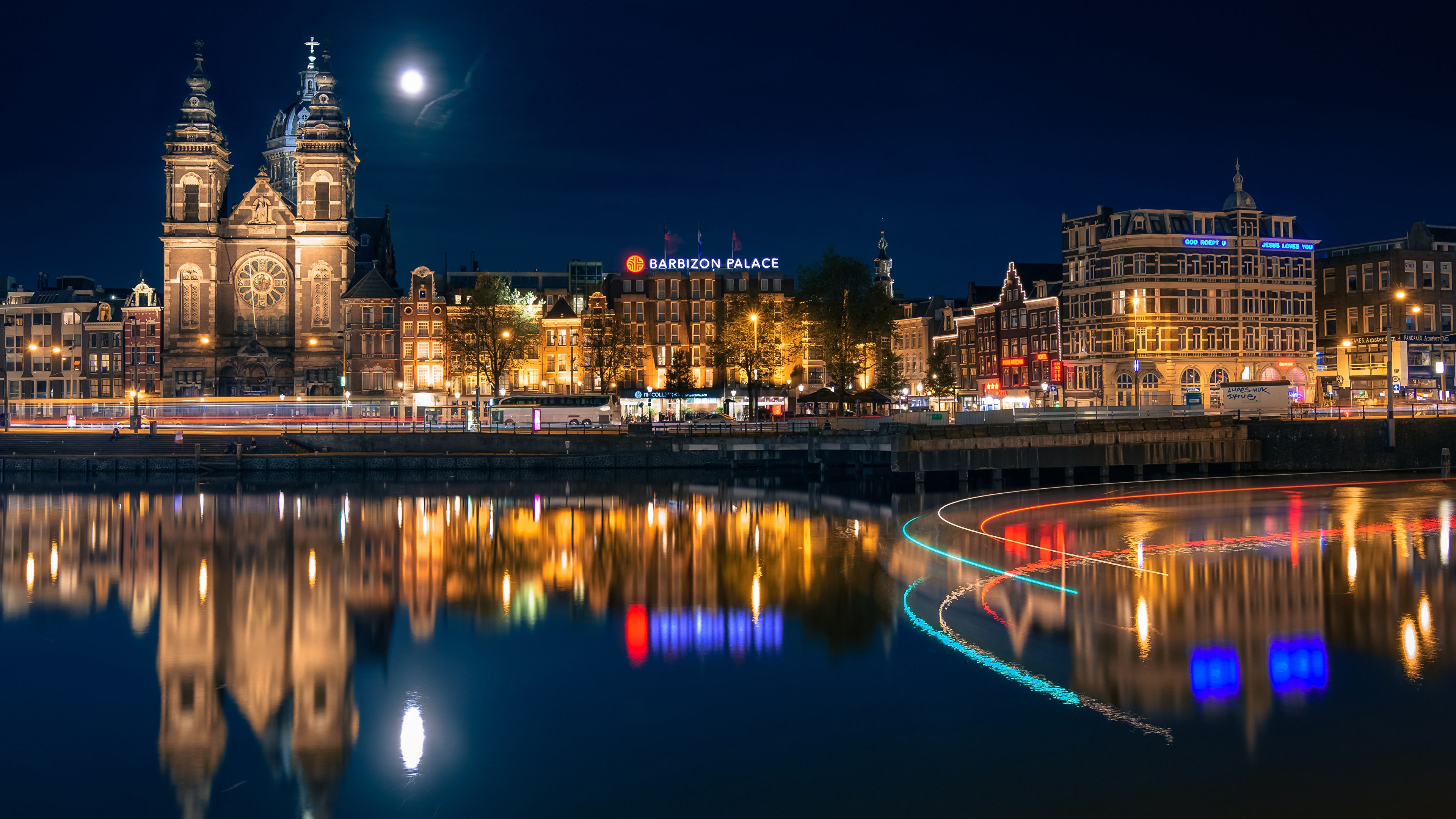 Amsterdam notturna con luna, 3840x2160 Ultra HD, PC