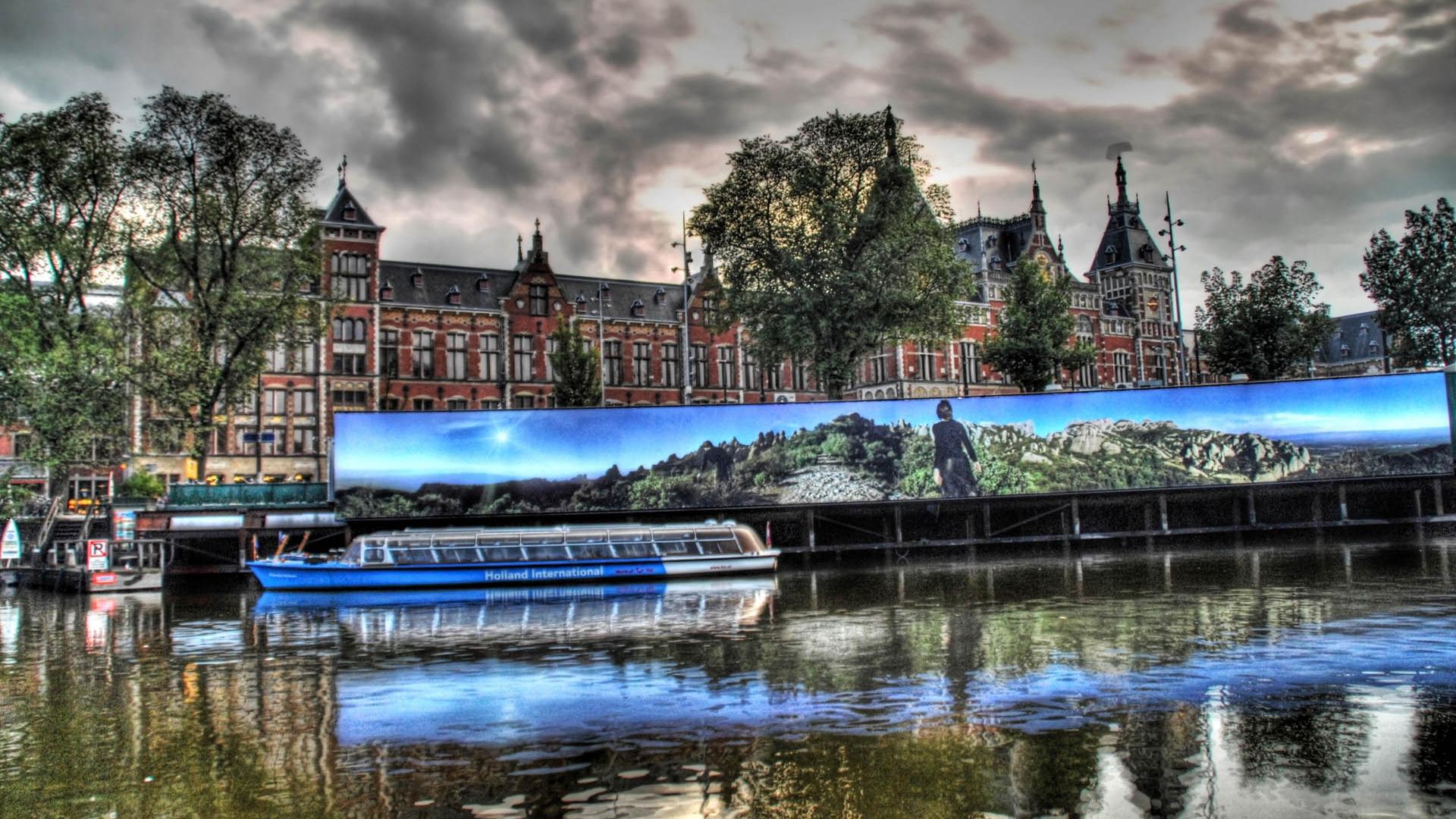 Canale di Amsterdam con cartellone, 1920x1080 Full HD 1080p, Monitor Gaming