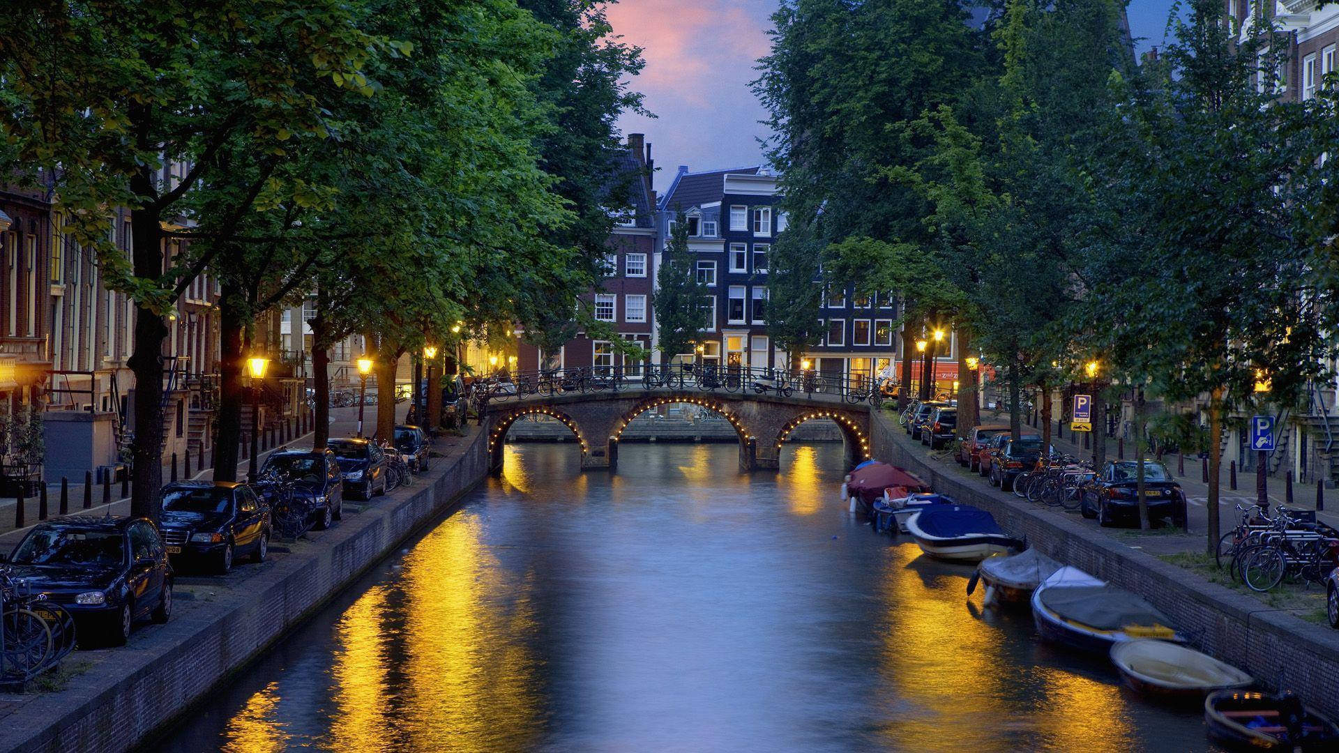 Canale di Amsterdam al tramonto, 1920x1080 Full HD 1080p, Desktop