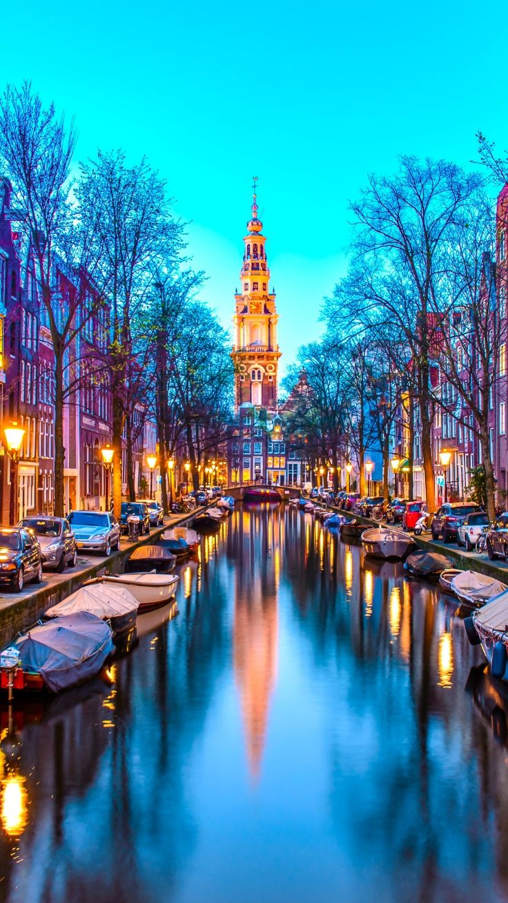 Canale di Amsterdam al crepuscolo, Paesi Bassi, 736x1308 Full HD Verticale, Smartphone