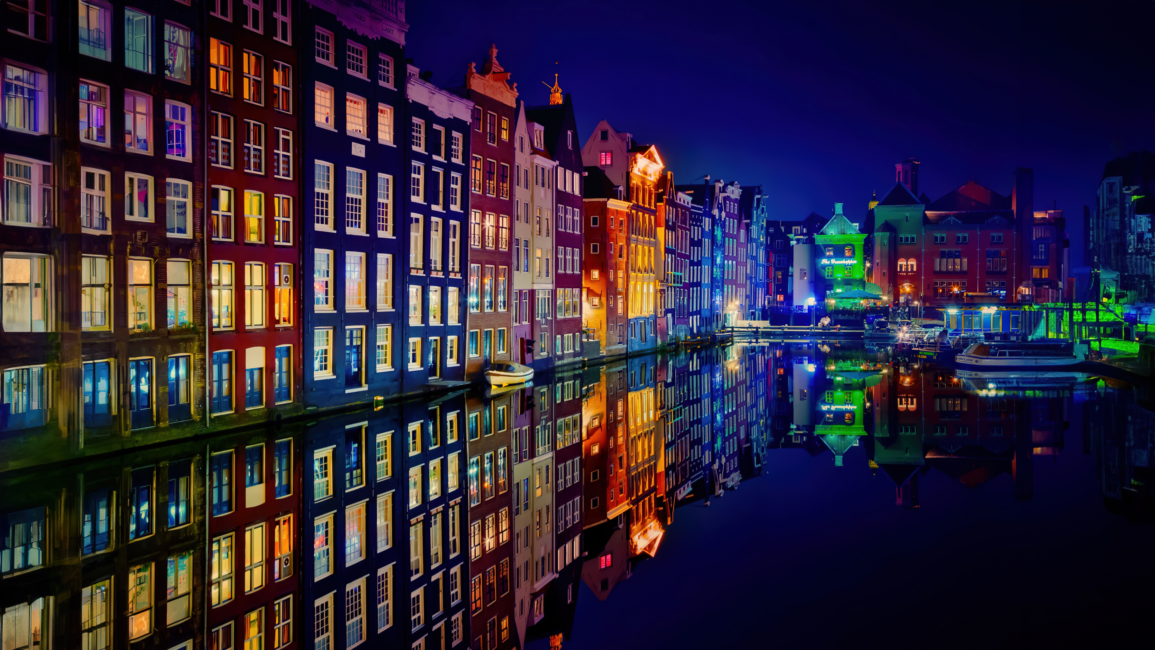 Case colorate canale Amsterdam notte, 3840x2160 4K, Desktop 4K