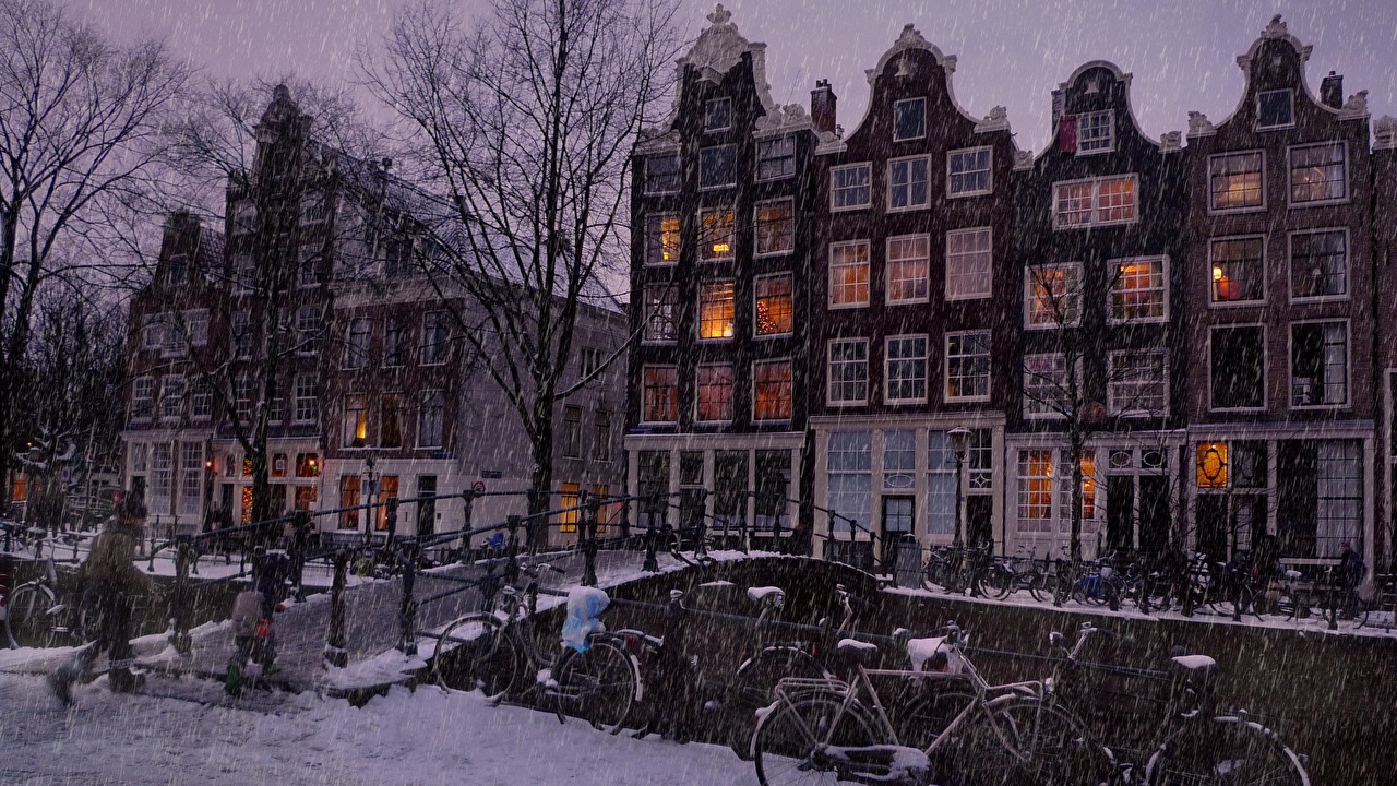 Amsterdam case sul canale, neve, 1280x720 HD, Desktop