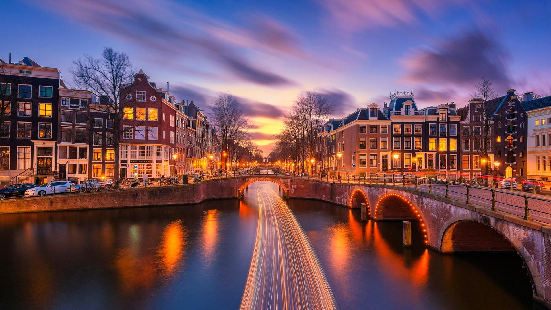 Scie di luce canale Amsterdam, 1920x1080 1080p, PC Desktop