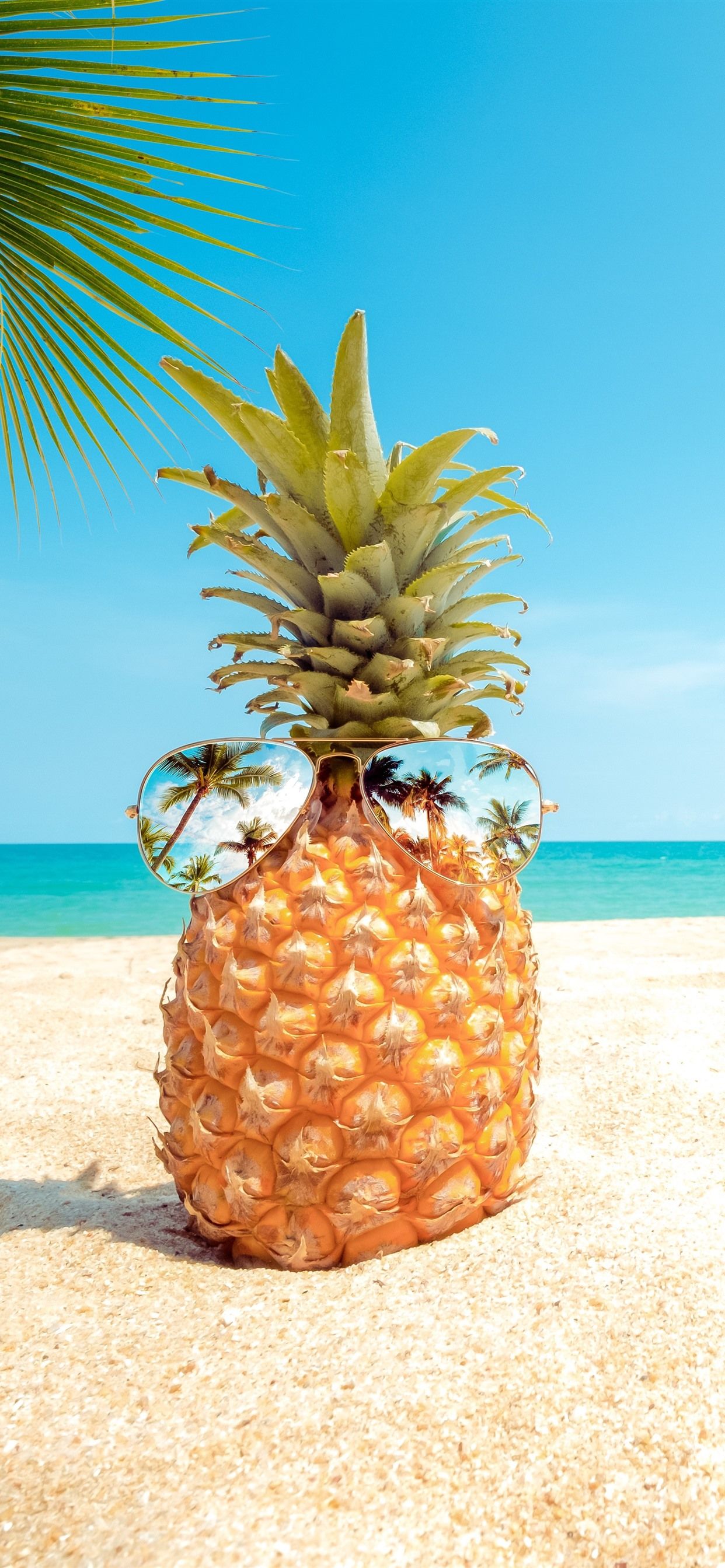Ananas con occhiali da sole sulla spiaggia, 1242x2688 Verticale, iPhone Pro