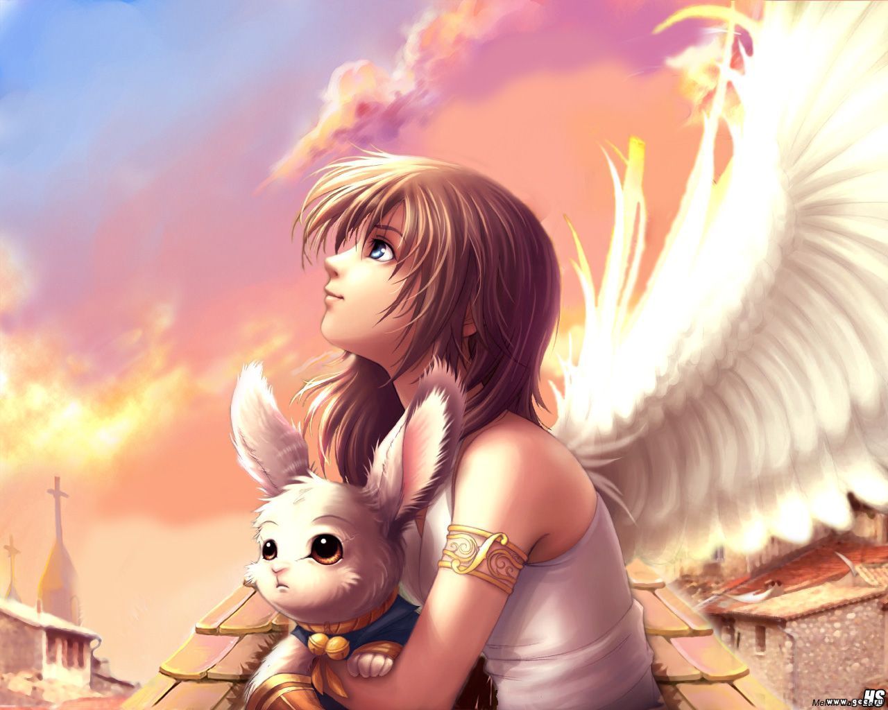 Ragazza angelo con coniglio bianco, 1280x1024 720p, PC
