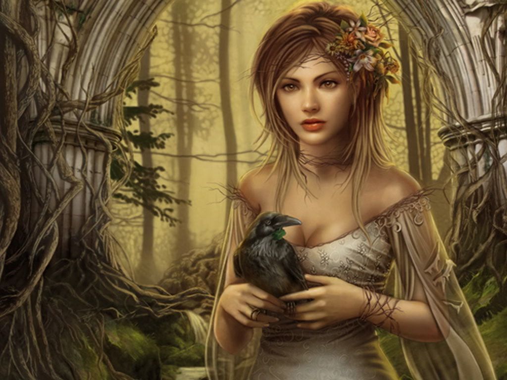Donna fantasy con corvo nella foresta, 1024x768 HD, Desktop